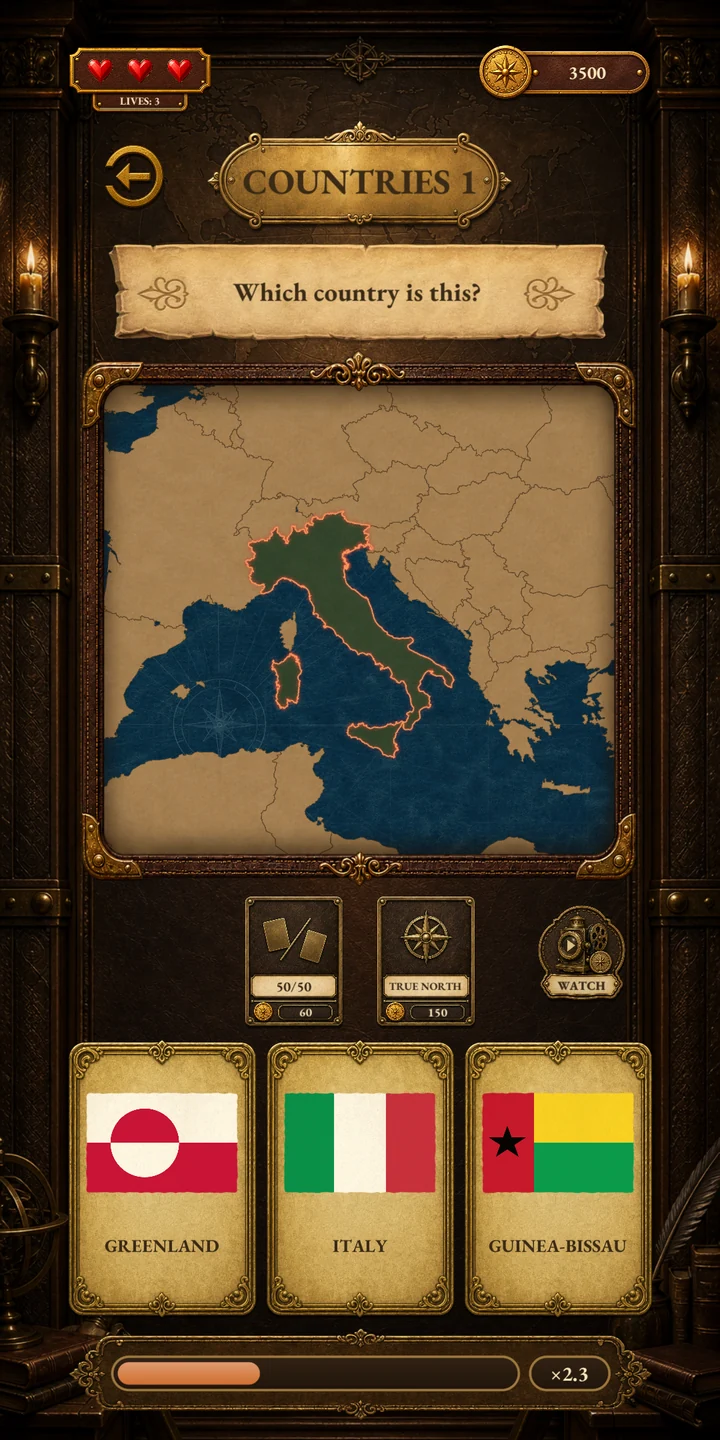 Countrio: identify Italy on a painted map and choose its flag
