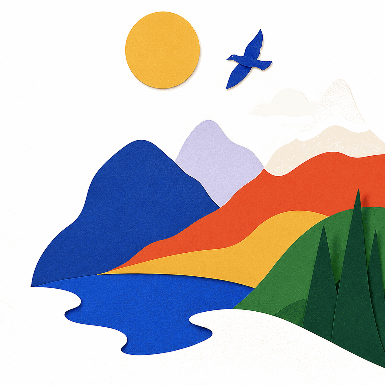 A cut-paper landscape: a lark flying past the sun over layered mountains, pine woods and a lake.